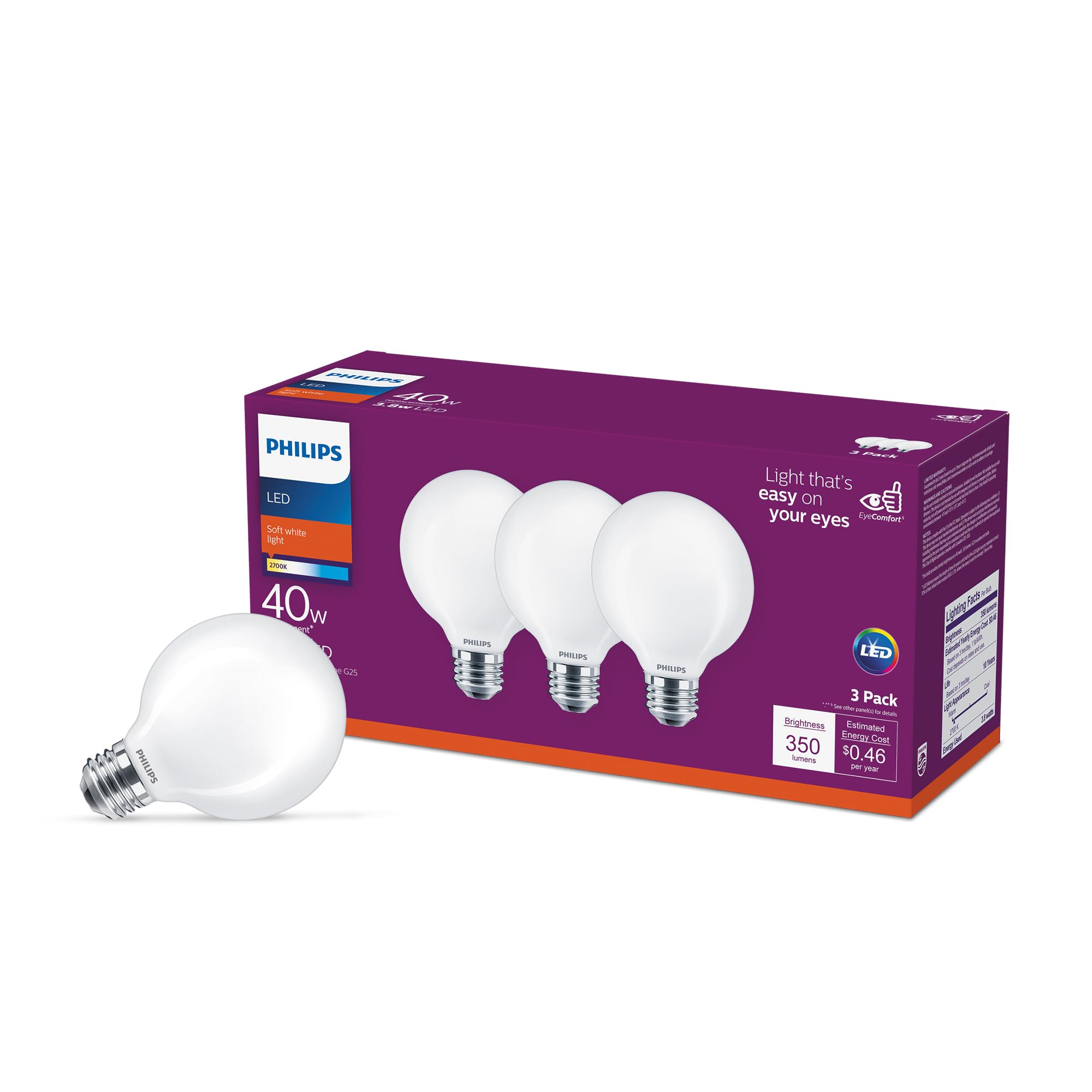 Philips LED Frosted Non-Dimmable Globe G25 Light Bulb - Pack of 3